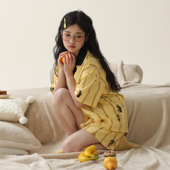 Korean Style Animal Party Summer New Pure Cotton Pajamas Women's Warm Yellow Spring and Summer Atmosphere Home Clothes Set for Outer Wear