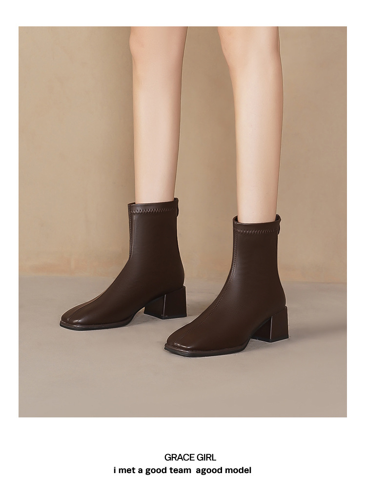 Courtes en cuir véritable pour femmes, nouvelle botte française haute et fine, tête carrée épaisse, printemps et automne 2024_voghion.com