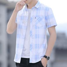 新款夏季短袖格子男士衬衫韩版休闲个性寸衫潮流商务青年衬衣