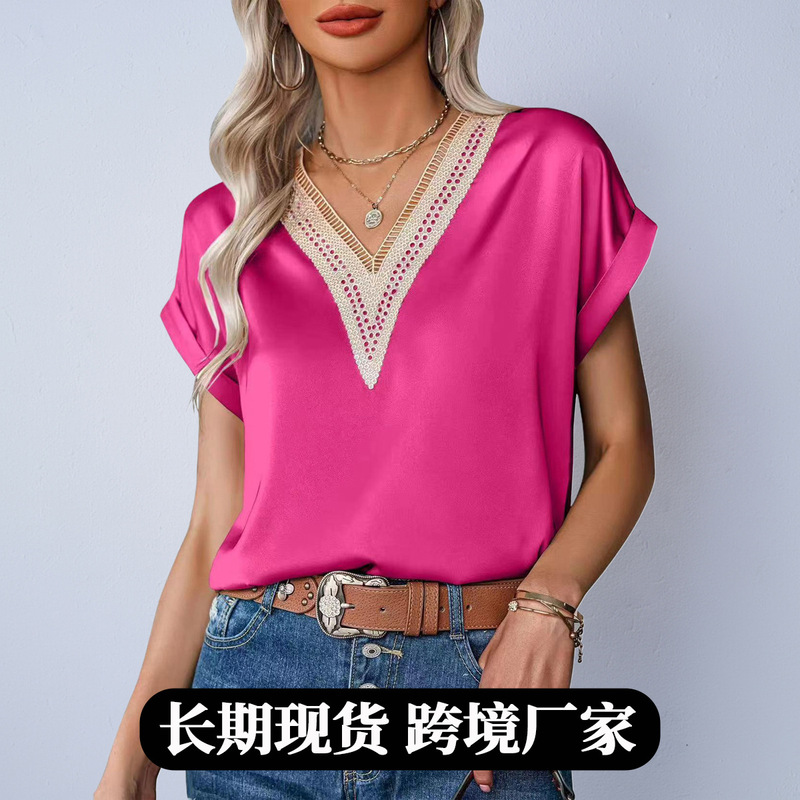 Foreign Trade European and American Satin Women's T-Shirt, New Autumn Style Satin Lace V-Neck Loose Short-Sleeve Women's Commuter Style Top