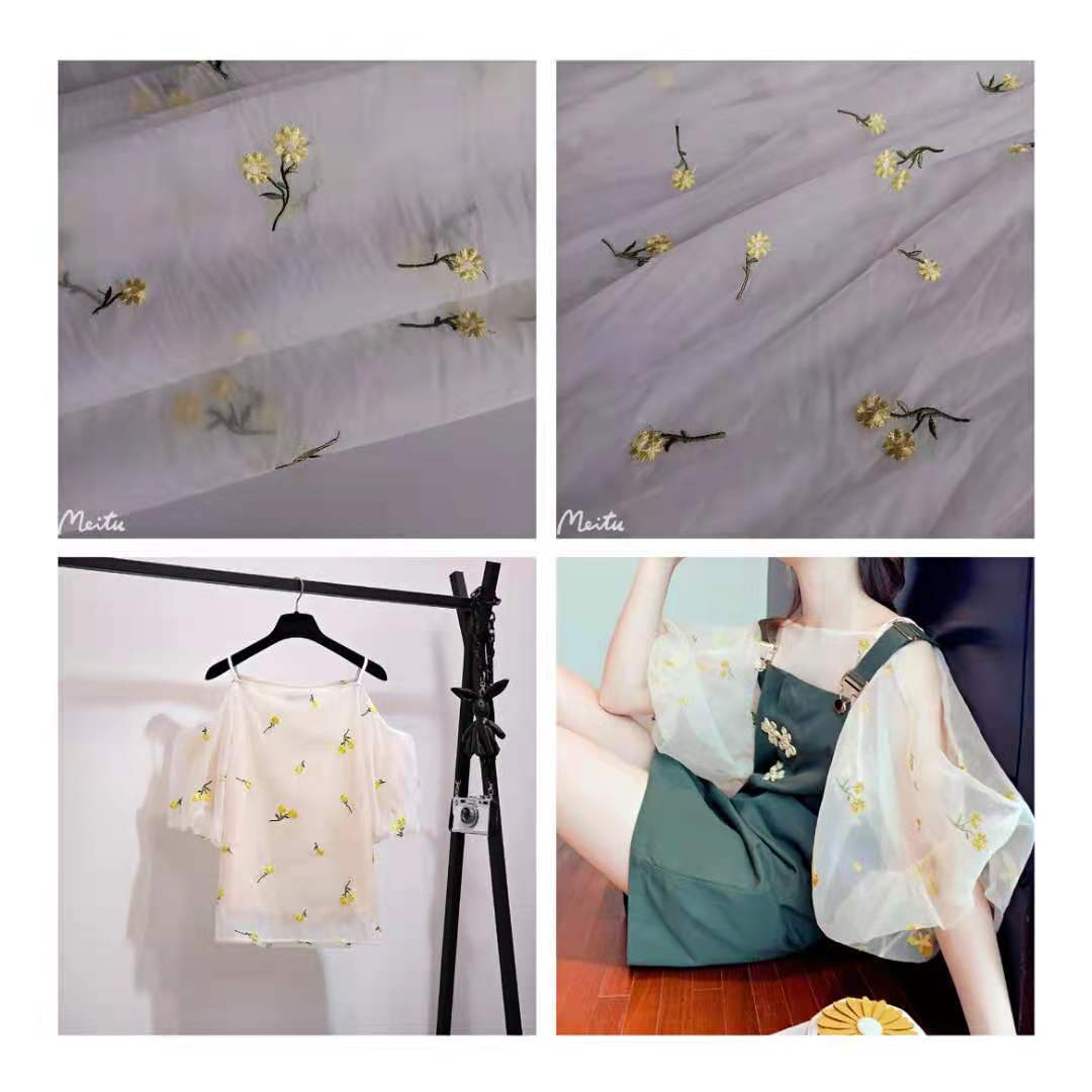 【新品】小清新款雪纺底布小黄花立体刺绣 质地略挺柔软 现货供应