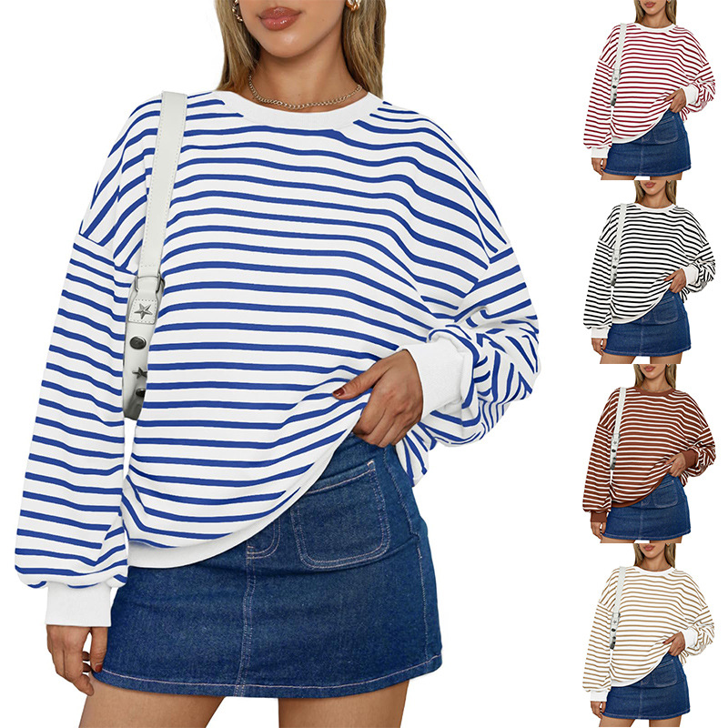 autumn and winter new color striped crew neck loose sweatshirt sweater women