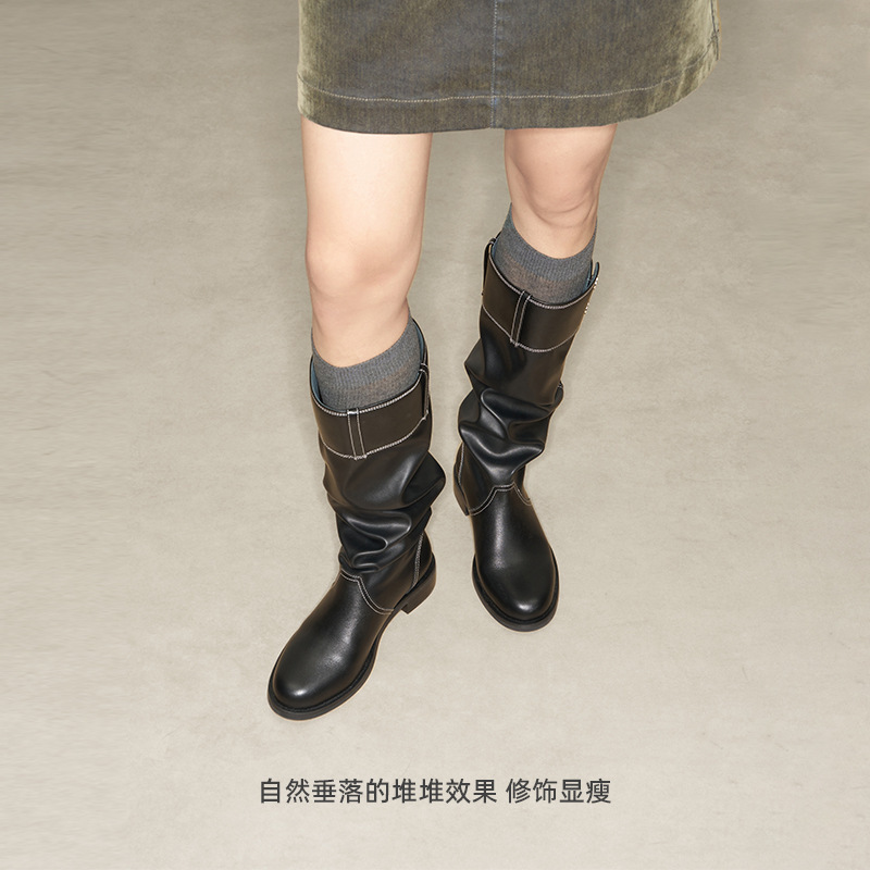 明星同款真皮靴子女2025早秋新款仿裤筒显瘦真皮厚底堆堆骑士靴女|undefined