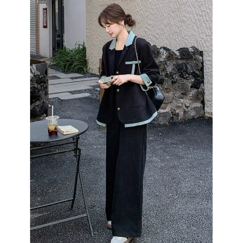 Корейский стиль: элегантный джинсовый костюм с комбинированным пиджаком и широкими брюками, комплект из двух предметов для женщин, новый костюм для весны и осени.