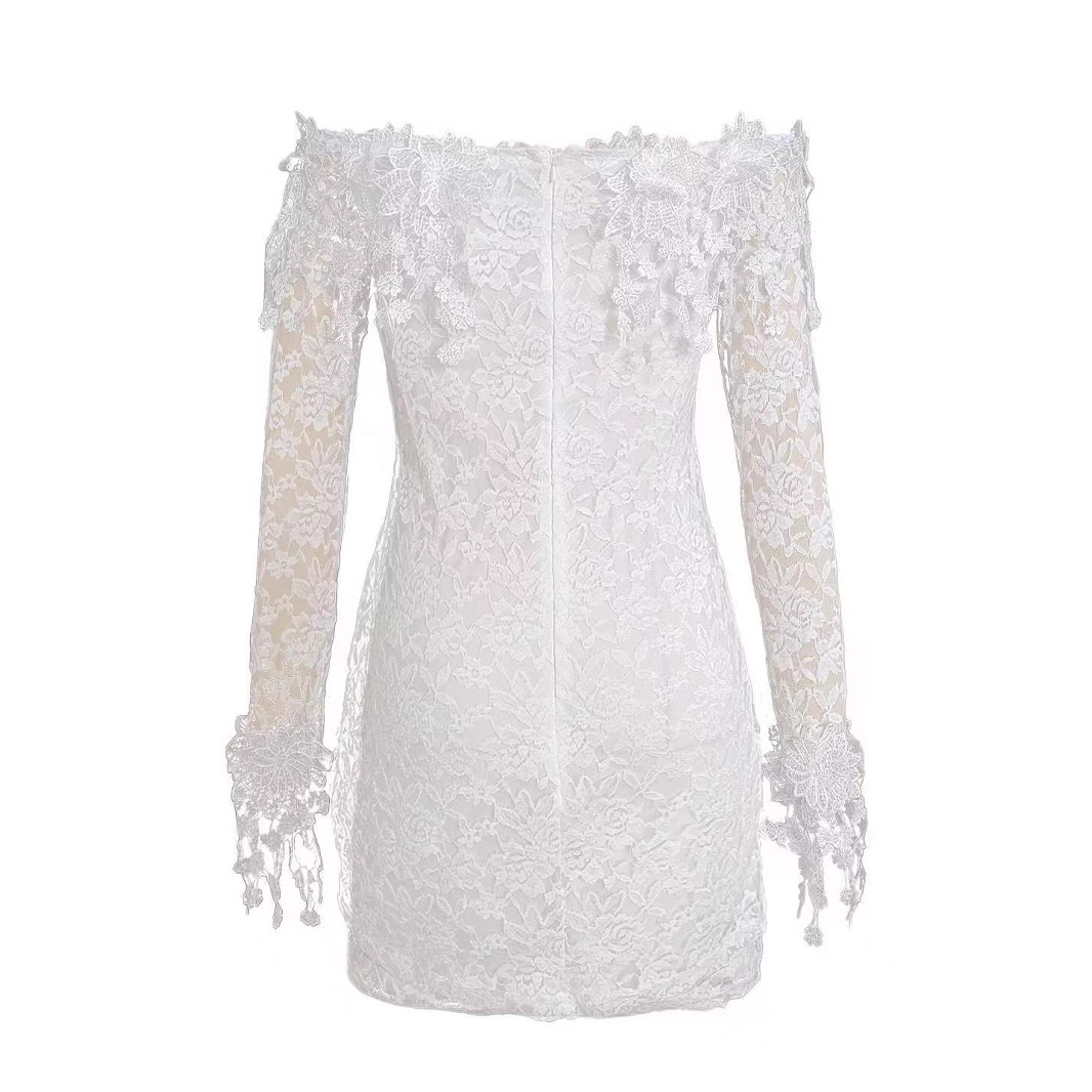 法式性感辣妹蕾丝一字领连衣裙女春季新款气质小香肩包臀裙X7254