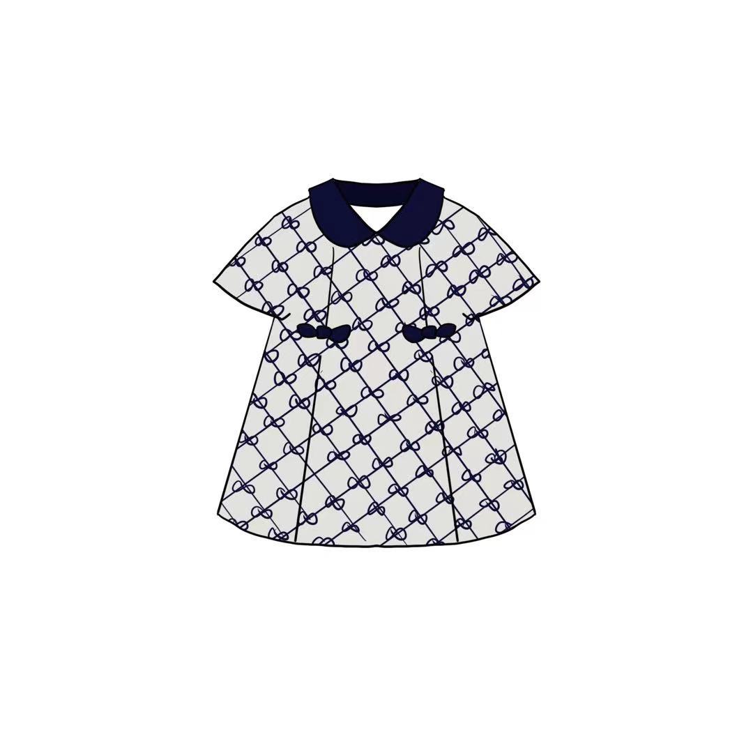 In Stock】7233 Gray Denim Bow Tie Navy Doll Collar Short-Sleeve Dress
