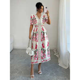 M 41355 Lantern sleeve print waist swing dress 灯笼袖印花收