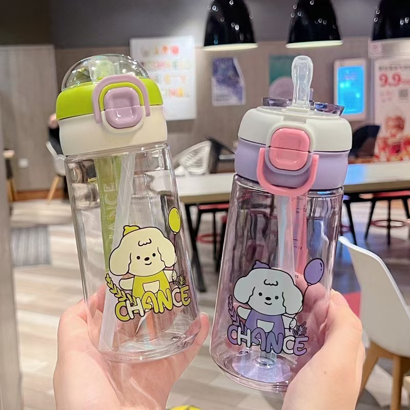 Xinbei nuevo perro de dibujos animados taza de agua de paja de plástico doble taza de agua de beber para estudiantes, niños y niñas tazas de agua