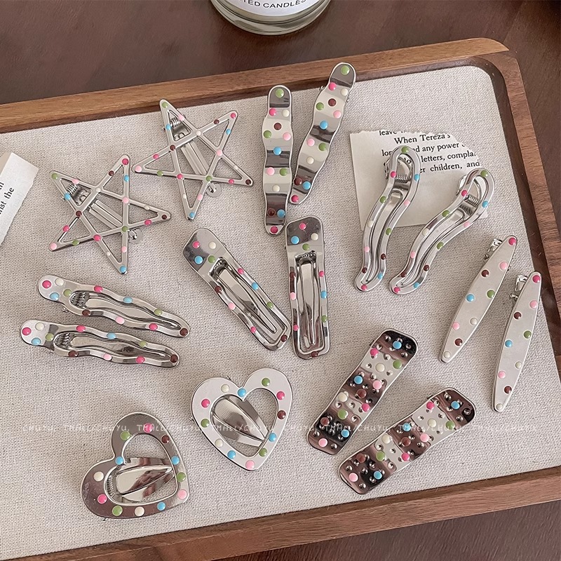 Peñón colorido goteo de aceite de plata punto de onda de metal pentaco pinzas de cabello frisa lateral pinzas de cabello pinzas de boca de pato nuevo estilo