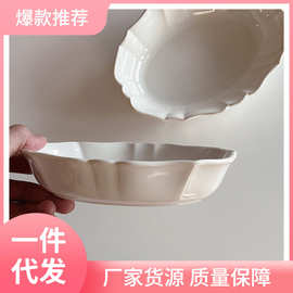 2XPJ批发法式复古米白色椭圆深盘 陶瓷焗烤盘 耐热汤菜盘 烤饭盘