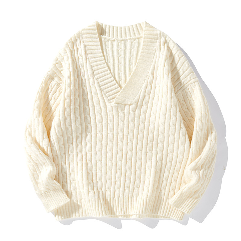 Herren-Strickpullover mit V-Ausschnitt, Herbst/Winter, Oversize-Schnitt, lässig, locker, dünnes Garn, College-Stil, Acrylmischung, minimalistischer, strukturierter Pullover_voghion.com