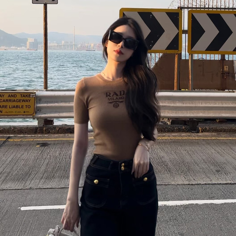 ~Nanyou P Brand 26 Spring/Summer High-End European-Style Women's Clothing with Inlaid Logo Decoration, Quality Knitted Short-Sleeve T-Shirt, Wool Knit
