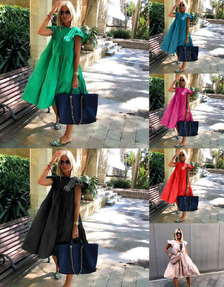 Solid Color Loose Pleated Short-Sleeved Dress NSXWL111193