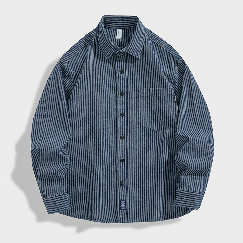 Herrenmodemarke gewaschenes gestreiftes Langarmhemd lässige blaue Hemdjacke_voghion.com
