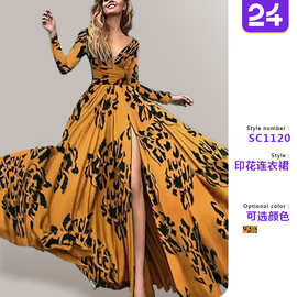 2026年欧美女装跨境新款ebay连衣裙开叉豹纹修身性感深V长袖长裙