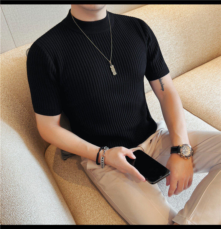 Herren Schwarz Hochgeschlossener Kurzarm Strickpullover Slim Fit_voghion.com