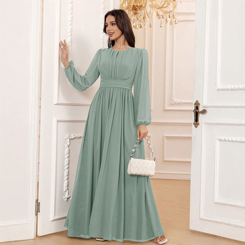 Aliexpress New Puff Sleeve Large Hem Design Dress Women's High Waist Round Neck Long Sleeve Fashion Elegant Dress