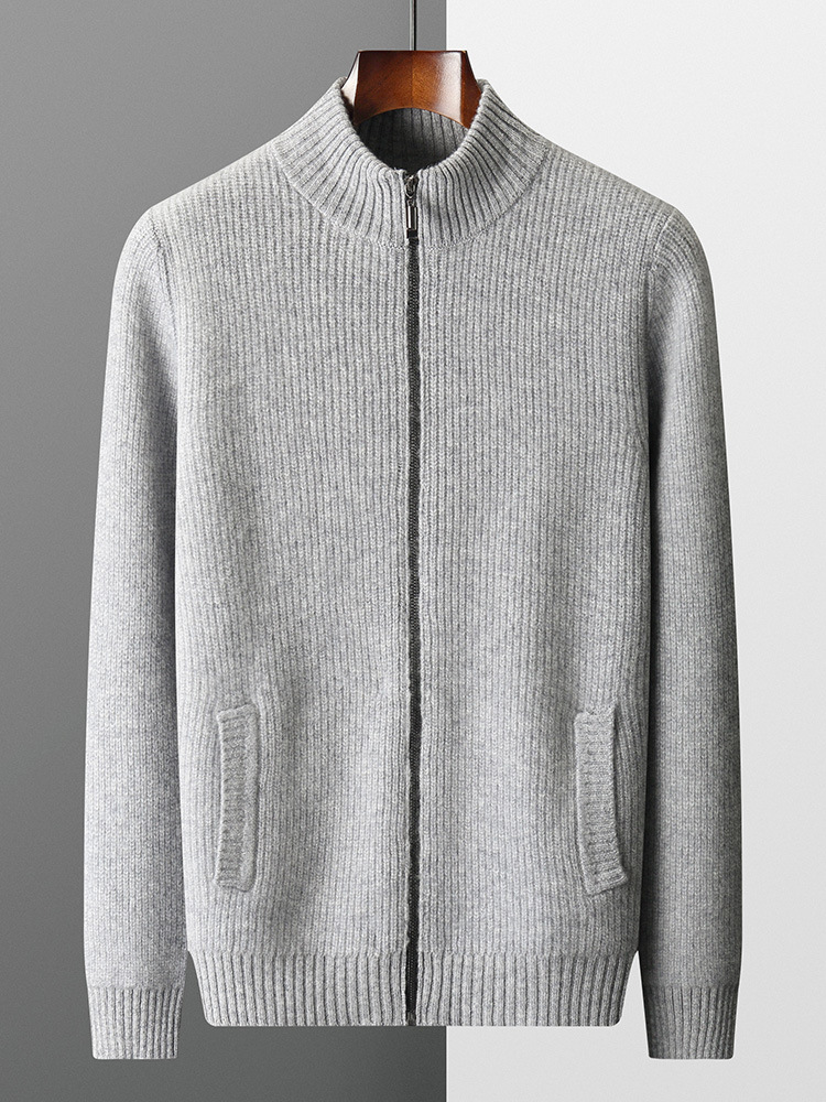 Men's demi-season solid color woolen cardigan with zipper