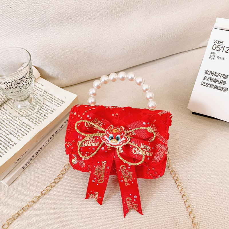 Bolsos rojos para niños, bolsos de arco de perla para chicas, regalos de Navidad y Año Nuevo, bolsos de transporte