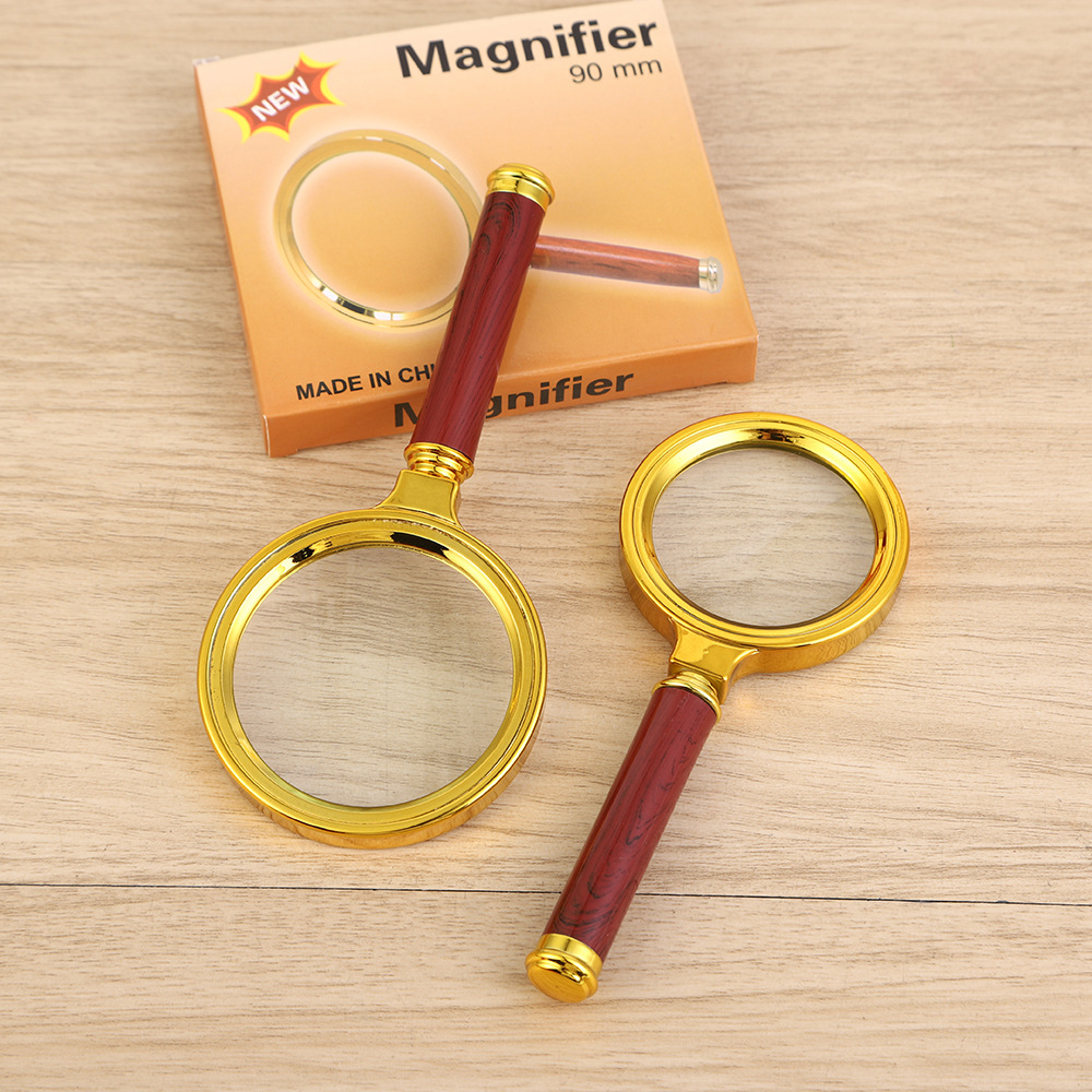 Lupa mano portátil HD, mango imitación rosa chapado oro, lectura grano madera, venta al por mayor.