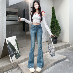 浅蓝色小开叉微喇牛仔裤女2025秋季新款弹力修身显瘦高腰喇叭裤子