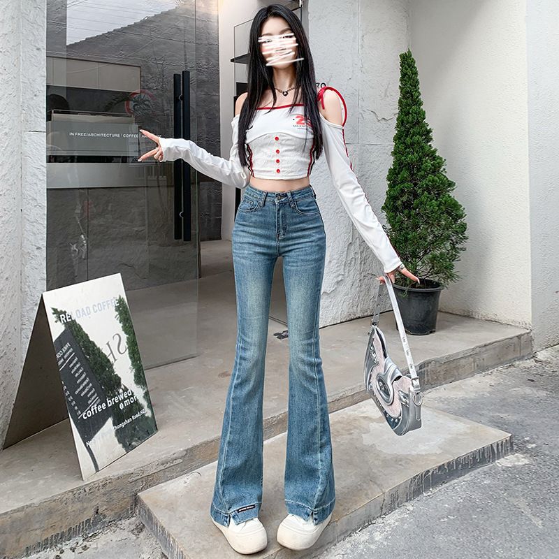 浅蓝色小开叉微喇牛仔裤女2025秋季新款弹力修身显瘦高腰喇叭裤子|undefined