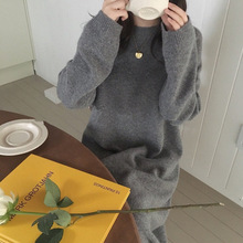 100纯羊毛连衣裙宽松慵懒风毛裙女式圆领长款过膝裙子秋冬新款潮