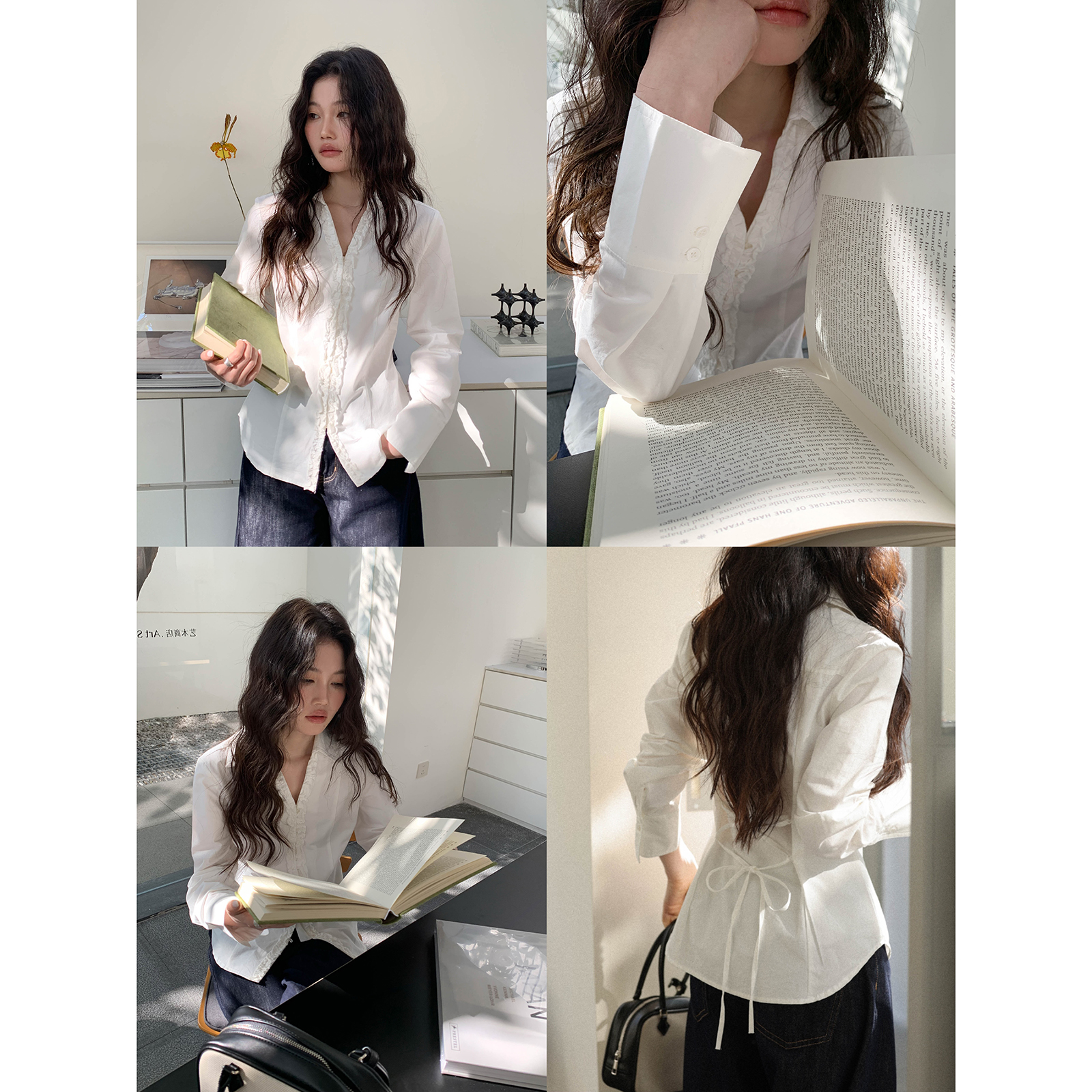 觅定白色边长袖衬衫女春6新腰系带设计感衬衣修身衣