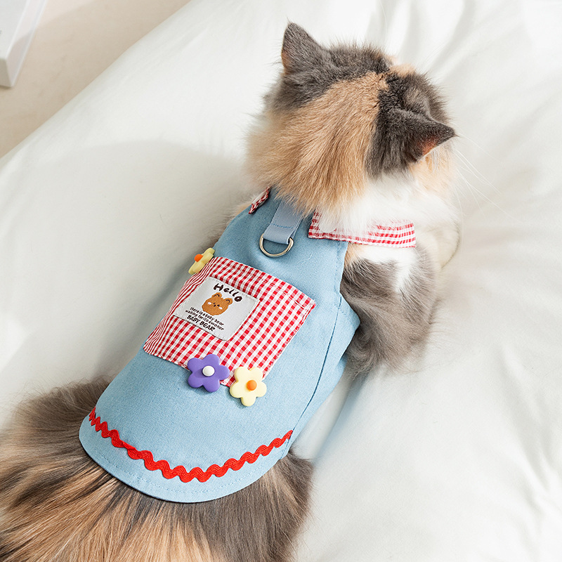 Cute gato primavera y verano bolsillo de cuadrícula vaquero osos correa falda perro princesa vestido de gato mascota ropa