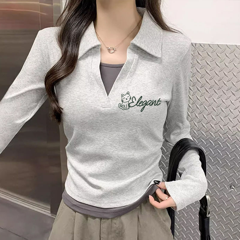polo领长袖t恤女别致拼色印花秋季新款韩版修身假两件打底衫女ins|undefined