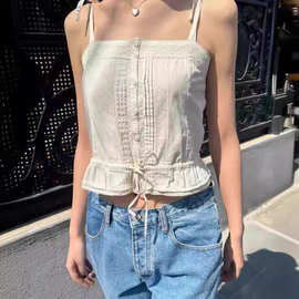 BM风蕾丝花边单排扣吊带背心女抹胸一字领抽绳系带收腰短款上衣潮