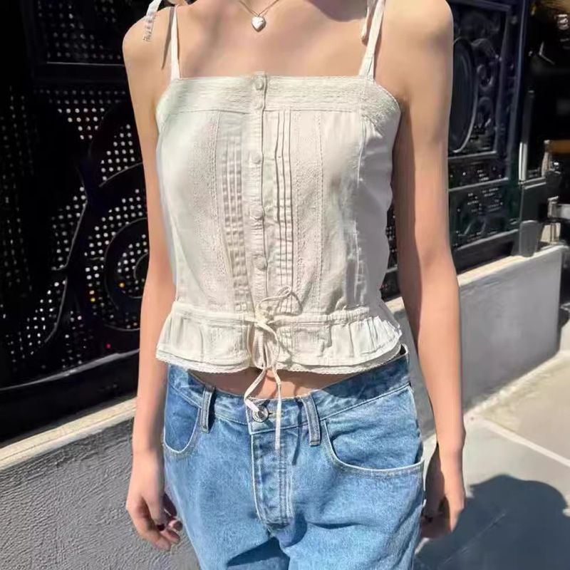 Bm Style Lace Single-Breasted Camisole Women's Tube Top One-Line Collar Drawstring Lace-Up Waist Short Top Trendy