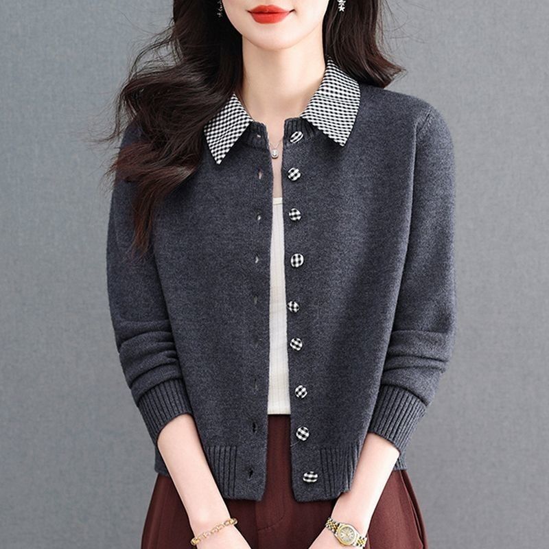 Sisi1026 French-Style Super Stylish Faux Two-Piece Shirt Collar Knit Cardigan Long-Sleeve Single-Breasted Color-Block Sweater for Women