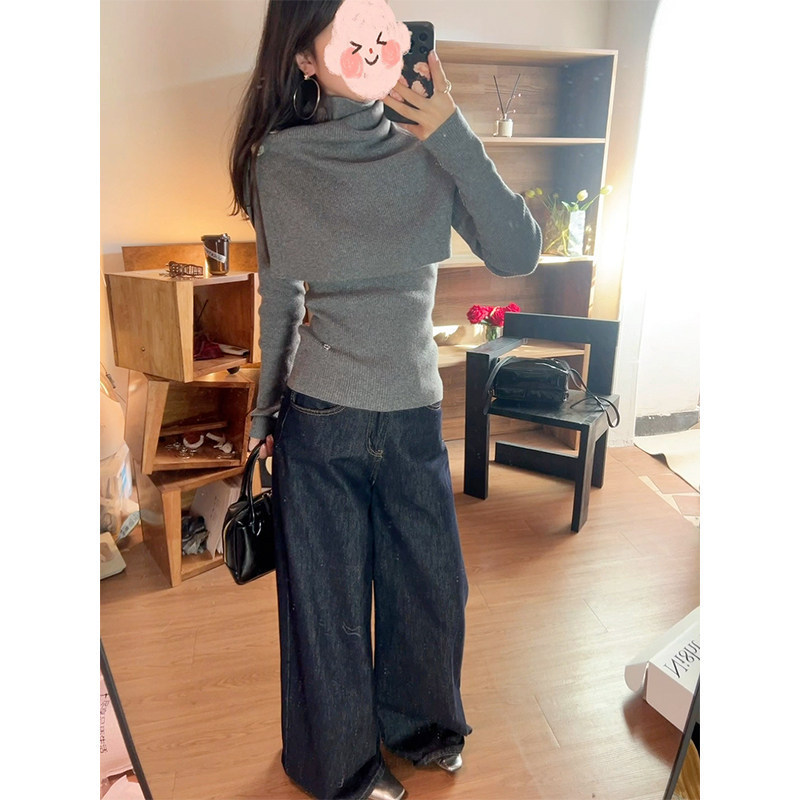 High-neck shawl two-piece knit sweater for women, slim-fit design with a stacked collar, stretchy long sleeves, elegant inner layer High-neck shawl two-piece knit sweater for women, slim-fit design with a stacked collar, stretchy long sleeves, elegant inner layer