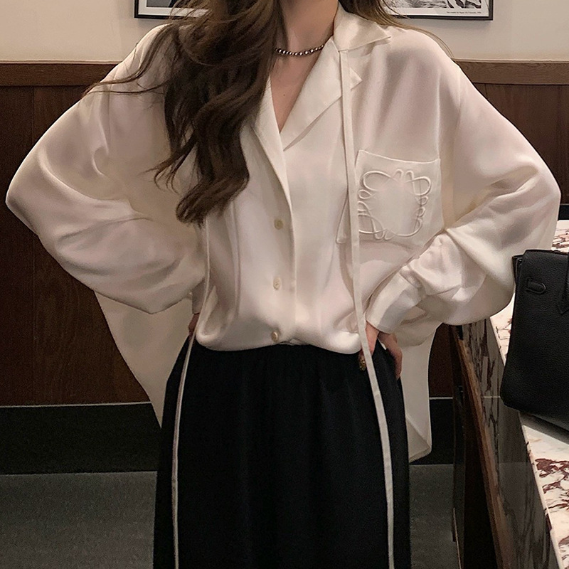 2026 Autumn Lwe Acetate Shirt "Heavyweight Acetate Smooth Glossy 18,000 Needle Embroidery Women's Long Sleeve Shirt" 2026 Autumn Lwe Acetate Shirt "Heavyweight Acetate Smooth Glossy 18,000 Needle Embroidery Women's Long Sleeve Shirt"