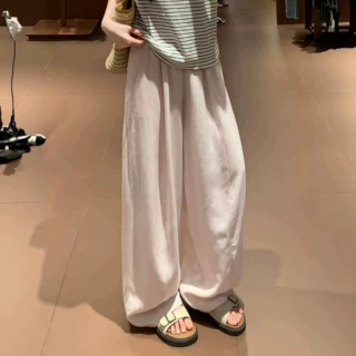 粉色天丝亚麻弯刀阔腿裤女夏季老钱风松弛垂感薄款防晒休闲直筒裤