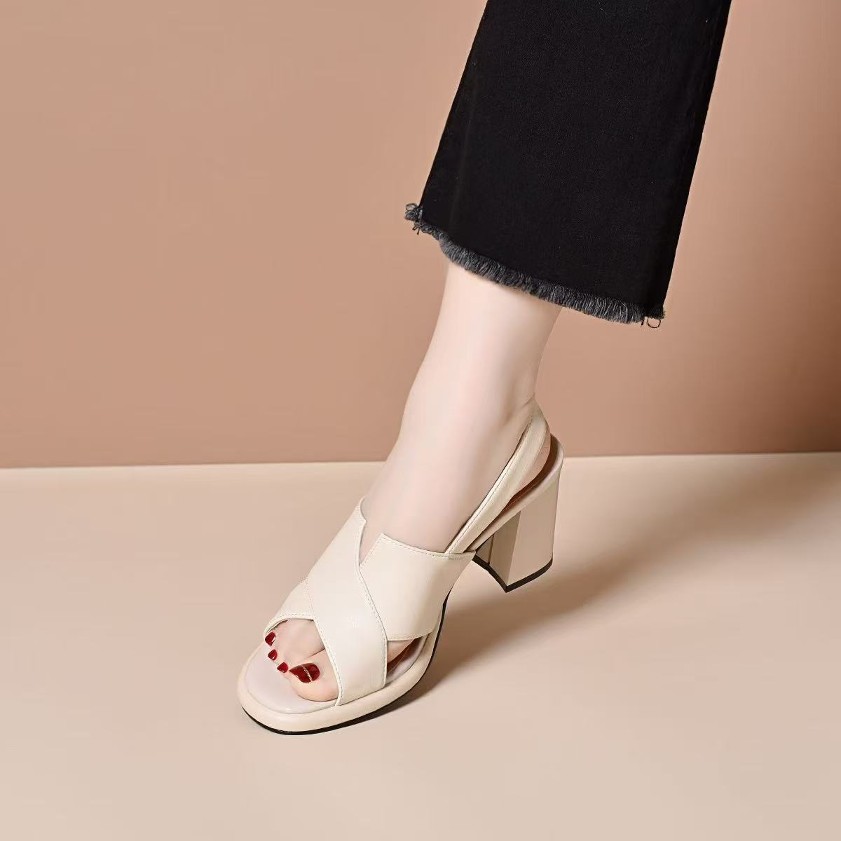 Sandal cao gót nữ hở mũi da thật đế xuồng chống nước quai ngang gót 7 cm — Đen--7CM