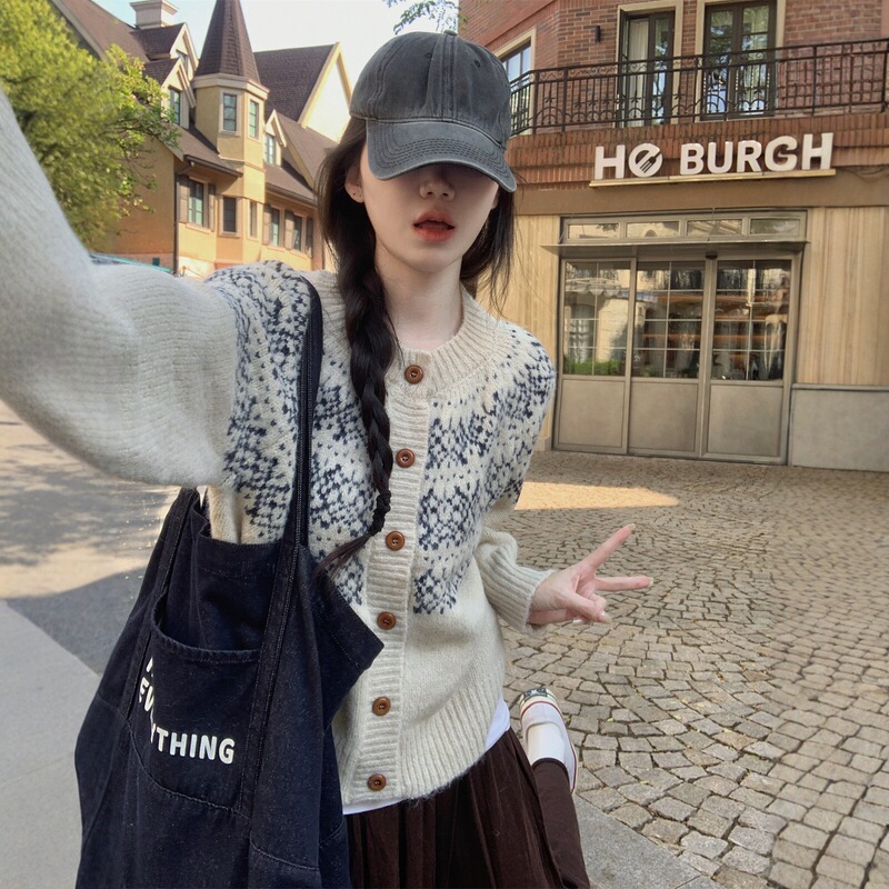 Academy-style Fair Isle jacquard cardigan for women, spring wear, casual knit sweater, stylish sweater jacket, suitable for layering