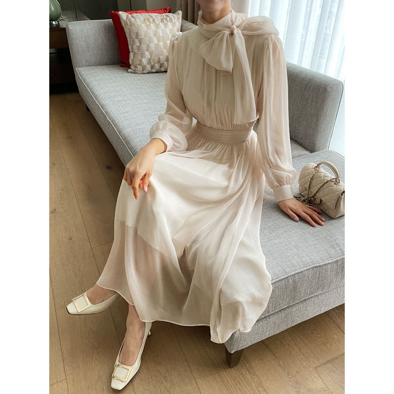 Gentle and elegant Korean Chic solid color dress, lace-up long-sleeve ladylike dress, Korean style dress