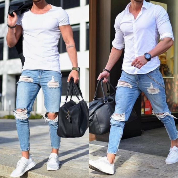 Cross-border new AliExpress Amazon wish European and American men's skinny jeans light-colored ripped skinny pants