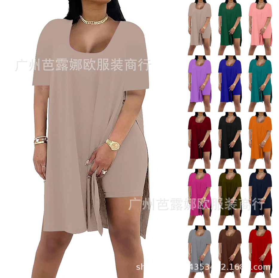 跨境亚马逊纯色欧美中长开叉短袖短裤套装