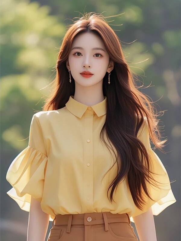 French-Style High-End Yellow Collared Shirt for Women, Summer Design, Unique and Beautiful Blouse, Chic and Age-Reducing Half-Sleeve Top