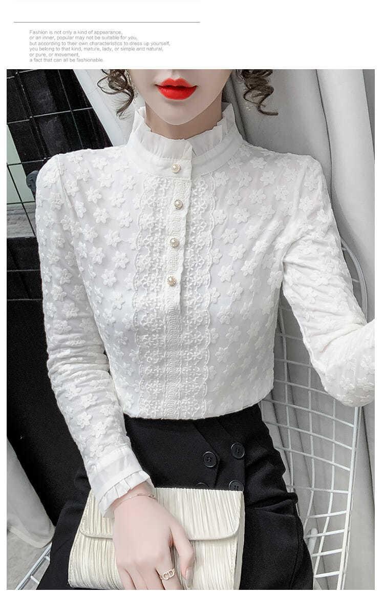 A high-end lace base layer shirt with added fleece and thickening for women in 2022, a stylish long-sleeved, warm and versatile top pic 15