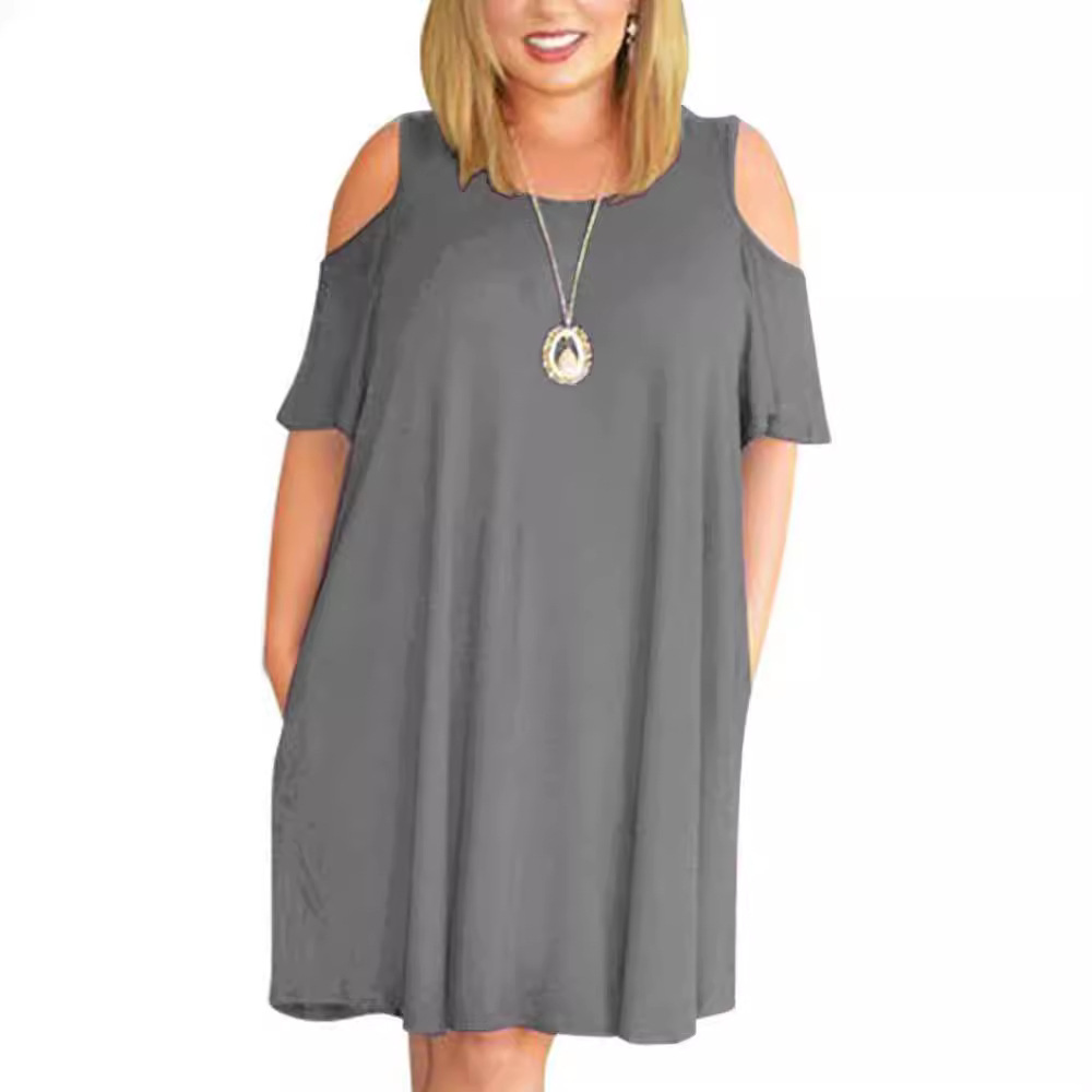 2025 transfronterizo Amazon verano Europa y América ropa de mujer de moda grande vestido suelto cuello redondo hombro abierto falda A
