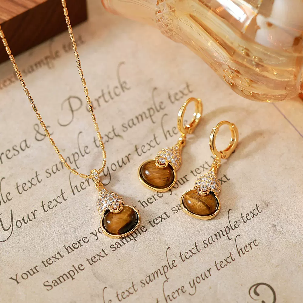 韩版简约时尚虎眼石葫芦吊坠项链女锁骨链温柔仙气质耳环饰品套装