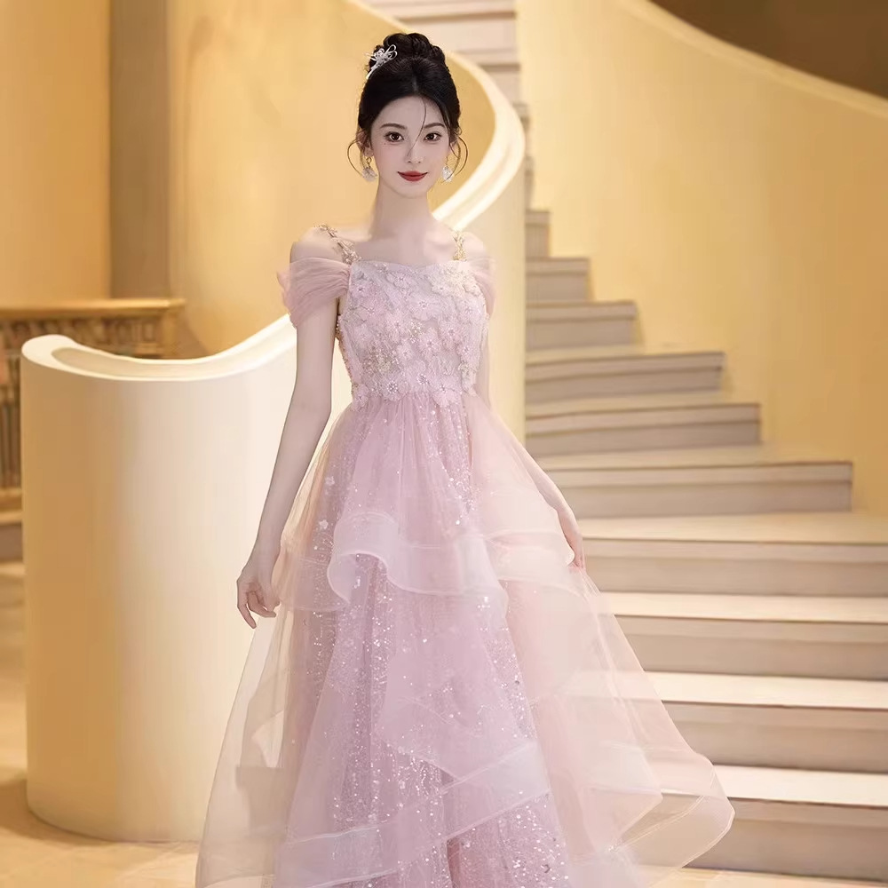 Elegant Pink Strapless French Evening Gown For Banquet, Engagement Party And Host Occasion_ecoleips.com