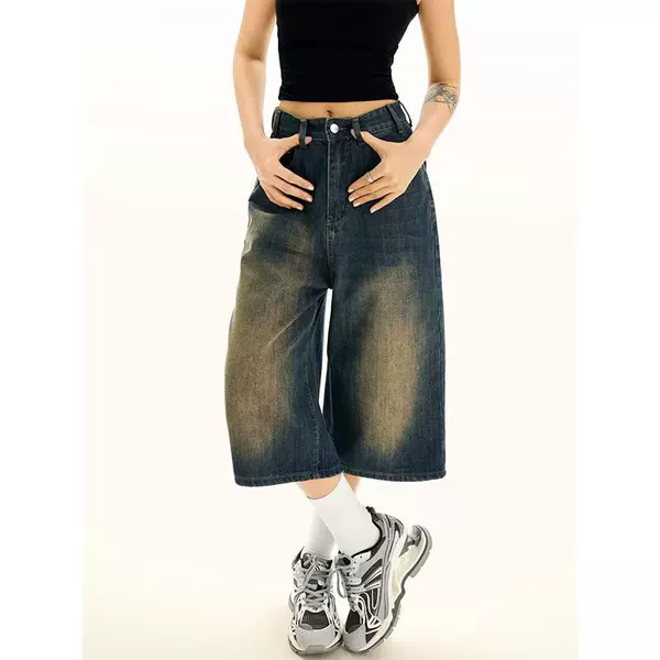 Summer Retro Cropped Straight-Leg Denim Shorts for Women, Petite High-Waisted Loose Slimming Casual A-Line Wide-Leg Mid-Length Shorts