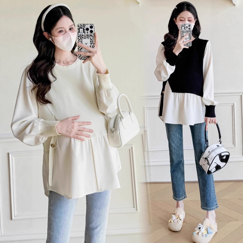 Maternity Wear Autumn Fashion Fake Two-Piece Color-Blocked Long-Sleeved Tops 2025 New Maternity Baby Doll Shirt Autum Shirt