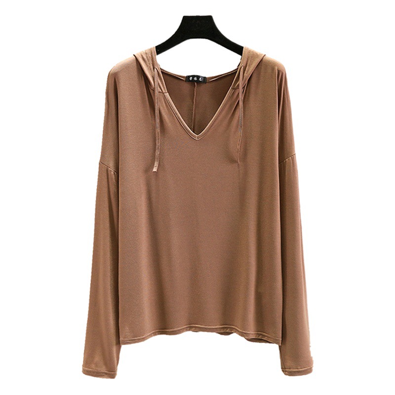 Ropa al aire libre modal Camiseta de manga larga para mujer primavera/verano más tamaño camisa suelta de fondo color sólido protección solar delgada superior suéter con capucha image 1