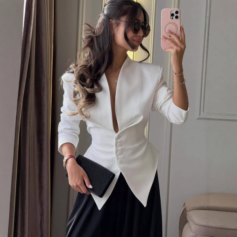 Cross-Border New Women's Fashion 2026 European and American Style Slim-Fit Asymmetrical Blazer Long-Sleeve Stylish and Elegant Top